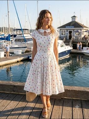 Unique Vintage Modcloth White Sailboat Print Midi Dress NWT